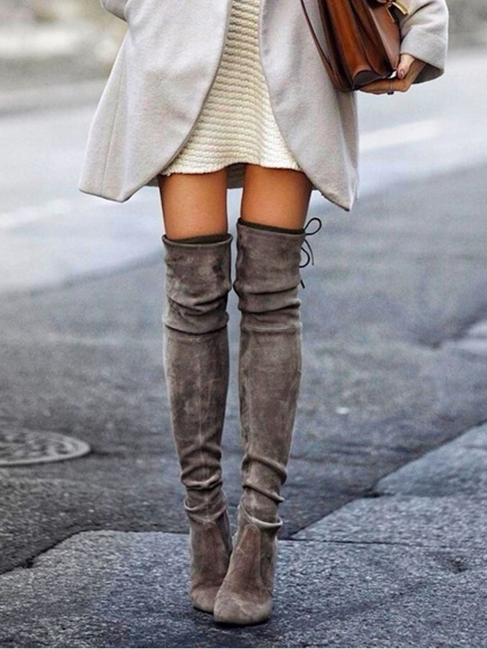 Stuart Weitzman Highland Stretch Suede Over-the-Knee Heeled Boots Dark Gray